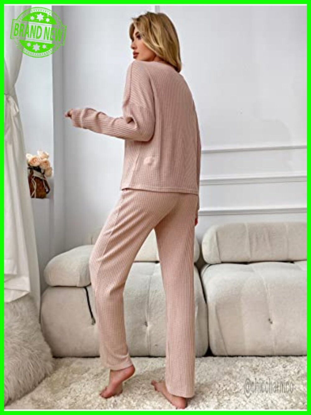 Waffle Knit Pajama Lounge Set Long Pants Sleepwear 2 Piece - Picture 2 of 4
